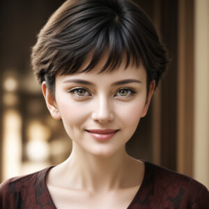 暗めの背景に映える中年女性、やさしい眼差しと自然な表情のAIイラスト / Middle-aged woman with gentle eyes and natural expression, soft background, AI-generated using Stable Diffusion