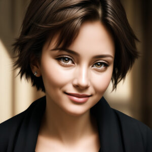 耳元にピアスをつけた中年女性、黒のジャケットと整ったヘアスタイルのAIポートレート / Middle-aged woman wearing earrings and black jacket, tidy hairstyle, AI-generated portrait with Stable Diffusion