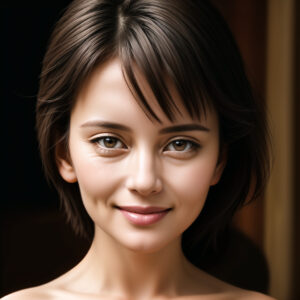 ショートボブの中年女性、落ち着いた笑顔で見つめるAIポートレート / Middle-aged woman with short bob haircut and calm smile, AI-generated portrait using Stable Diffusion