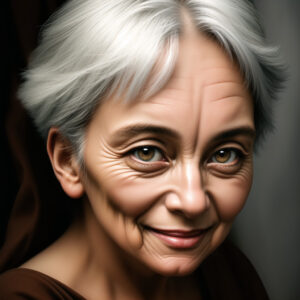 暖色の背景で微笑む白髪の老婦人、温かみのあるAIポートレート / White-haired old woman smiling softly with warm background, AI-generated portrait
