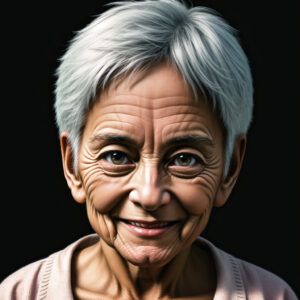 白髪の高齢女性、黒背景で優しく微笑むAIポートレート / Elderly woman with white hair smiling gently against dark background, AI-generated using Stable Diffusion