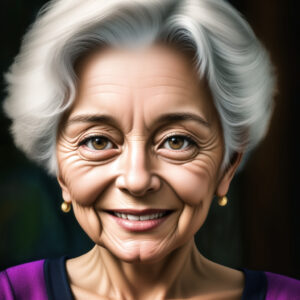 紫の服を着た90歳女性、温かみのある笑顔とイヤリングが印象的なAIイラスト / Elderly woman in purple outfit with earrings and warm smile, AI-generated using Stable Diffusion
