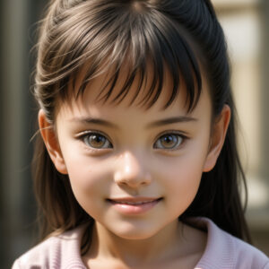 前髪のあるストレートヘアの5歳の女の子、明るい表情のAIポートレート / Smiling 5-year-old girl with straight bangs and neat hair, AI-generated using Stable Diffusion