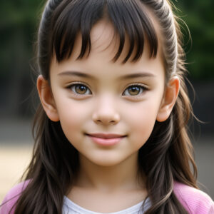 ピンクの服を着た5歳の女の子、大きな瞳とツインテールが特徴のAIポートレート / 5-year-old girl with twin tails and big eyes in pink shirt, AI-generated using Stable Diffusion