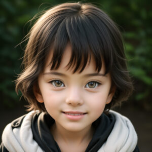 パーカーを着た5歳の女の子、自然背景でやさしくほほえむAIイラスト / 5-year-old girl in hoodie smiling gently with natural background, AI-generated portrait