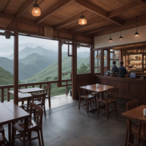 山々と谷々を望むレストランが手前に広がり、その店内ではバーカウンターに座る客たちが描かれています。この風景は、マットペインティングを用いた芸術運動や建築、鐘、椅子、テーブルなどを通じて表現されています。以上のような画像もAIによってプロンプトを与えることで生成させることができる。
A restaurant with a view of mountains and valleys spreads out in the foreground, while inside the restaurant, customers are depicted sitting at a bar counter. This landscape is represented through an artistic movement using matte painting, architecture, bells, chairs, and tables. Images such as the above can also be generated by AI by providing prompts.