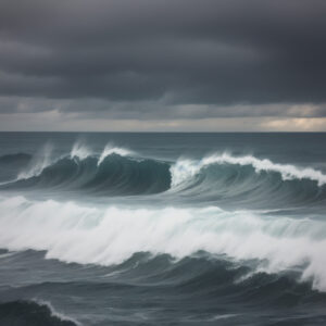 暗雲が立ち込める中、荒れ狂う波が押し寄せる海 / Stormy sea with crashing waves under dark clouds