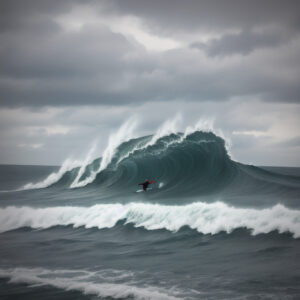 荒波に挑むサーファーが波の中を滑走する / A surfer riding through a massive wave in a stormy sea