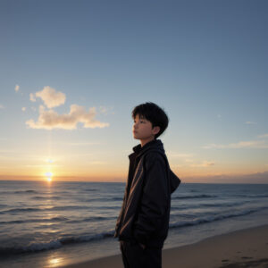 朝焼けの海を見つめる少年の横顔 / Side view of a boy gazing at the sea during sunrise