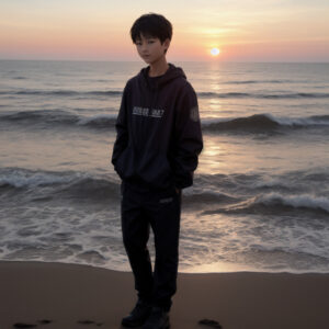 穏やかな海辺に立つ少年と昇る朝日 / A boy standing calmly by the sea with the rising sun