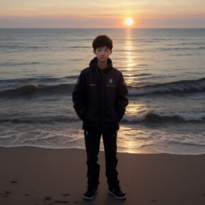 朝日を背にした海辺の少年 / A boy standing on the shore with the sunrise behind him