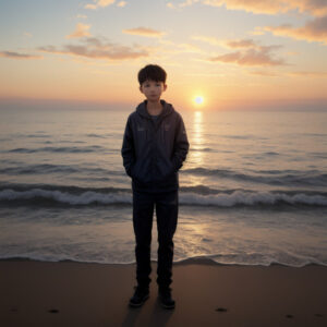 オレンジ色に染まる海辺に立つ少年 / A boy standing on a beach bathed in orange sunrise light