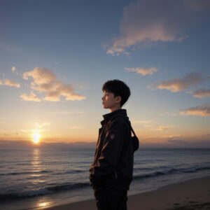 夕焼けの海辺に佇む少年の横顔 / Side profile of a boy standing by the sea at sunset