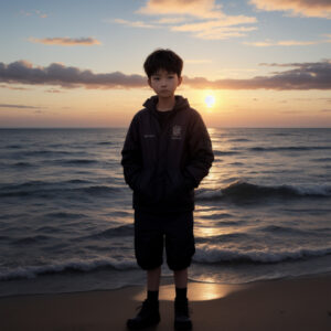 夕日を背に海辺に立つ少年 / A boy standing on the beach with the setting sun behind him