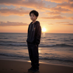 海に沈む夕日を見つめる少年 / A boy gazing at the setting sun over the sea