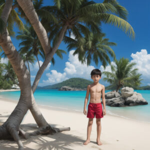 ヤシの木の下で赤い水着を着た少年が立っている南国の砂浜 / A boy in red swim trunks standing under palm trees on a tropical beach