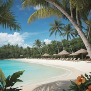 青空の下、パラソルが並ぶリゾート風の南国ビーチ / A tropical resort beach with parasols lined up under a blue sky