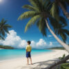 ヤシの木陰から青い海を見つめる黄色い服の少年 / A boy in yellow clothes looking at the blue ocean from the shade of palm trees
