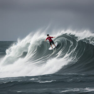 巨大な荒波をサーフィンする人物 / Surfer riding a massive rough sea wave