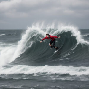 うねる波を駆け抜ける赤いウェアのサーファー / Surfer in red gear cutting through a choppy wave