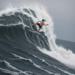 高波に挑むサーファーのダイナミックなジャンプ / Surfer leaping on a towering wave in rough seas
