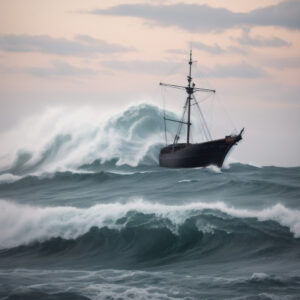荒れた海に立ち向かう帆船 / Sailing ship battling turbulent ocean waves