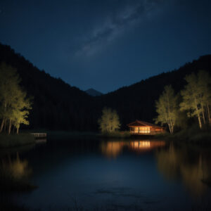 夜の湖に映る山小屋の灯りと森のシルエット / Cabin lights reflecting on a nighttime lake surrounded by forest