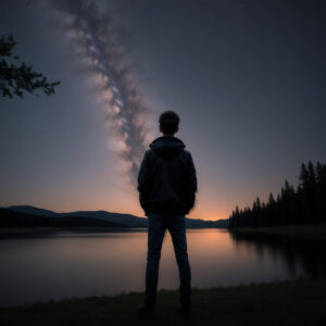 星空の下で湖を見つめる人物と流れる天の川 / Person gazing at a lake under the Milky Way at night