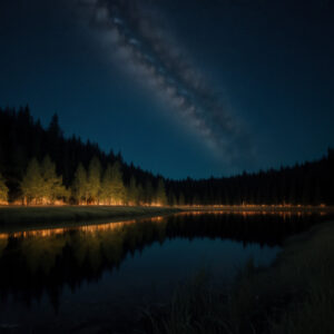 森と湖に沿って伸びる灯りと星空の軌跡 / Lights along the forested lake with star trails in the night sky