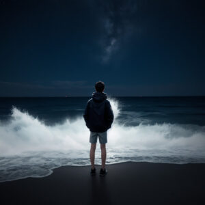夜の海岸で波を見つめる人物と星空 / Person standing on a nighttime beach watching waves under starlit sky