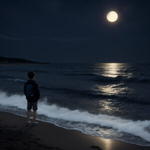満月に照らされた夜の海と砂浜に立つ人物 / Person on a moonlit beach with ocean reflecting full moon