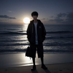 夜の海辺に立つ人物と輝く月、静かな波音 / Silhouetted figure at seaside under glowing moon and gentle waves