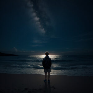 星がまたたく夜空と月明かりに照らされた静かな海岸 / Peaceful beach illuminated by moonlight with starry night sky