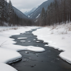 雪解けが進む川と雪に覆われた山林の風景 / Melting snow river flowing through a snowy mountain forest