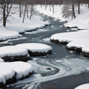 雪に囲まれた川の流れと幻想的な水の渦 / Flowing river with swirling currents surrounded by snow