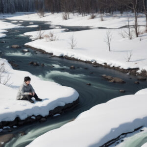 雪解けの川辺に座る人物と広がる冬の風景 / Person sitting by a melting snow river in a wintry landscape