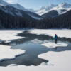 雪解けの湖に立つ人物と山並みの風景 / Person standing by a melting snow lake with mountain scenery