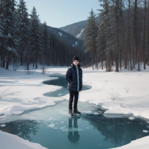 凍った湖の上に立つ黒い服の男性と針葉樹林の風景 / Man in black standing on a frozen lake with conifer forest in background