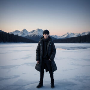 雪に覆われた凍った湖と遠くの山々を背景に立つ人物 / Person standing on a snowy frozen lake with distant mountain backdrop