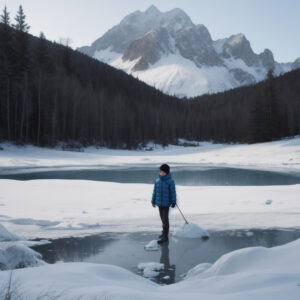 山に囲まれた氷の湖に立つ青いジャケットの人物 / Person in blue jacket standing on icy lake surrounded by mountains