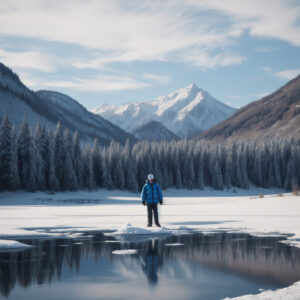 薄氷の上に佇む人物と反射する山々の風景 / Person standing on thin ice with mountains reflected in the lake