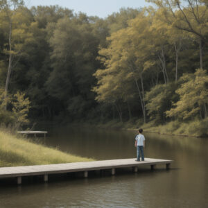 新緑に囲まれた湖畔の桟橋に立つ人 / A person standing on a pier by a lake surrounded by fresh spring greenery