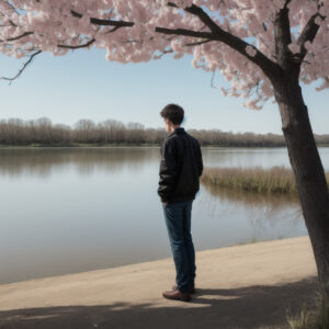 桜の木の下で湖を見つめる男性 / A man looking at the lake under a blooming cherry tree