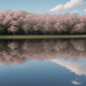 満開の桜が湖面に映る春の風景 / A spring landscape with full-bloom cherry blossoms reflected on the lake