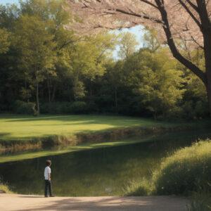桜と新緑が彩る湖畔の道を歩く人 / A person walking along a lakeside path adorned with cherry blossoms and fresh greenery