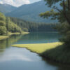 夏の静かな湖と緑に囲まれた小さな浮島 / A quiet summer lake with a small floating island surrounded by greenery