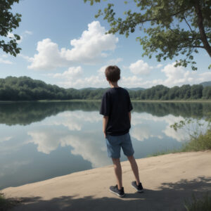 湖を見つめる少年と青空が映る水面 / A boy gazing at a lake with blue skies reflecting on the surface