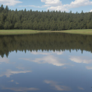 針葉樹林が映り込む夏の湖面 / A summer lake reflecting a dense pine forest