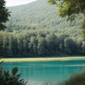エメラルドグリーンに輝く夏の湖と木陰 / A summer lake glowing emerald green with tree shade in the foreground