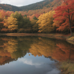 紅葉した木々が湖面に映る秋の静かな湖 / Tranquil autumn lake reflecting colorful foliage